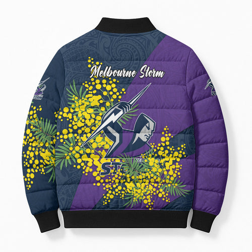 Melbourne Storm Bomber Puffer Jacket Golden Wattle Floral Polynesian - Australian Flower - Rugby Mascot