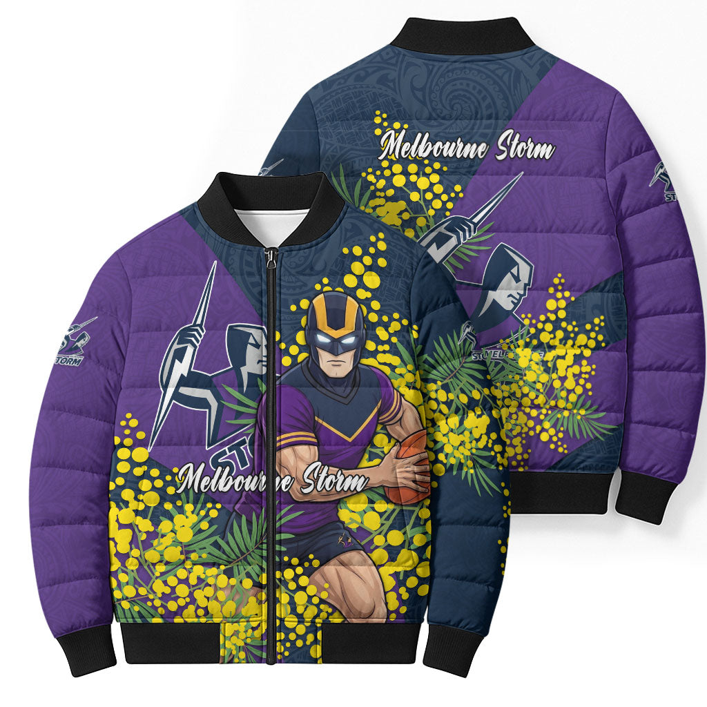 Melbourne Storm Bomber Puffer Jacket Golden Wattle Floral Polynesian - Australian Flower - Rugby Mascot