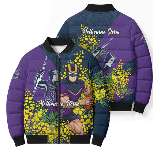 Melbourne Storm Bomber Puffer Jacket Golden Wattle Floral Polynesian - Australian Flower - Rugby Mascot