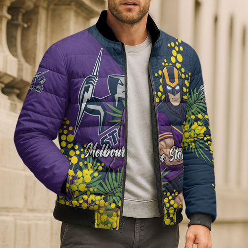 Melbourne Storm Bomber Puffer Jacket Golden Wattle Floral Polynesian - Australian Flower - Rugby Mascot