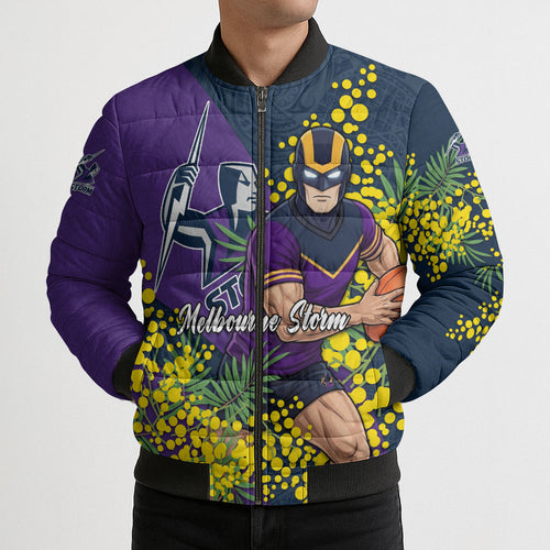 Melbourne Storm Bomber Puffer Jacket Golden Wattle Floral Polynesian - Australian Flower - Rugby Mascot