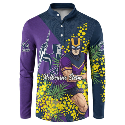 Melbourne Storm Button Sweatshirt Golden Wattle Floral Polynesian - Australian Flower - Rugby Mascot