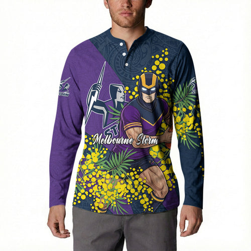 Melbourne Storm Button Sweatshirt Golden Wattle Floral Polynesian - Australian Flower - Rugby Mascot