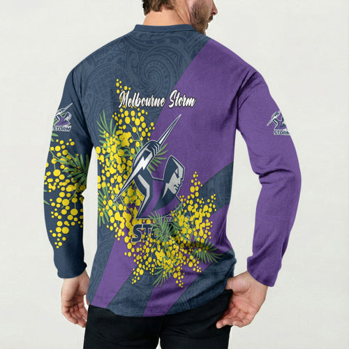 Melbourne Storm Button Sweatshirt Golden Wattle Floral Polynesian - Australian Flower - Rugby Mascot