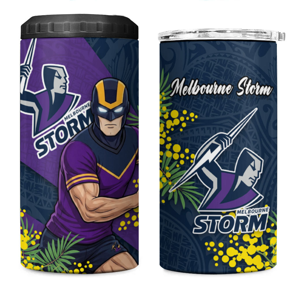 Melbourne Storm 4 in 1 Can Cooler Tumbler Golden Wattle Floral Polynesian - Australian Flower - Rugby Mascot