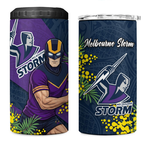 Melbourne Storm 4 in 1 Can Cooler Tumbler Golden Wattle Floral Polynesian - Australian Flower - Rugby Mascot