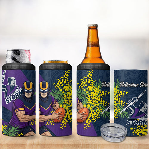 Melbourne Storm 4 in 1 Can Cooler Tumbler Golden Wattle Floral Polynesian - Australian Flower - Rugby Mascot