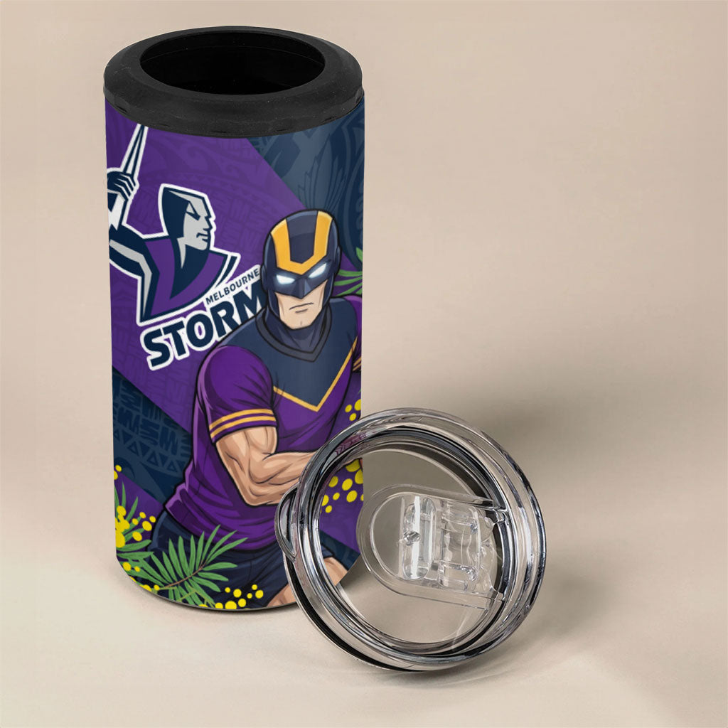 Melbourne Storm 4 in 1 Can Cooler Tumbler Golden Wattle Floral Polynesian - Australian Flower - Rugby Mascot