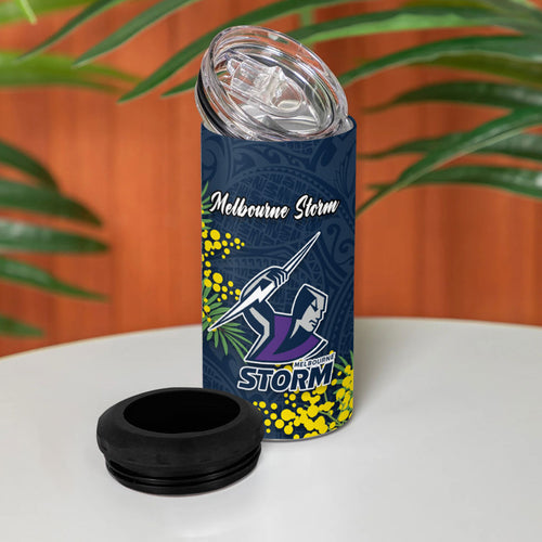 Melbourne Storm 4 in 1 Can Cooler Tumbler Golden Wattle Floral Polynesian - Australian Flower - Rugby Mascot