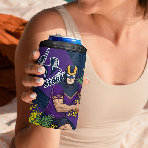 Melbourne Storm 4 in 1 Can Cooler Tumbler Golden Wattle Floral Polynesian - Australian Flower - Rugby Mascot