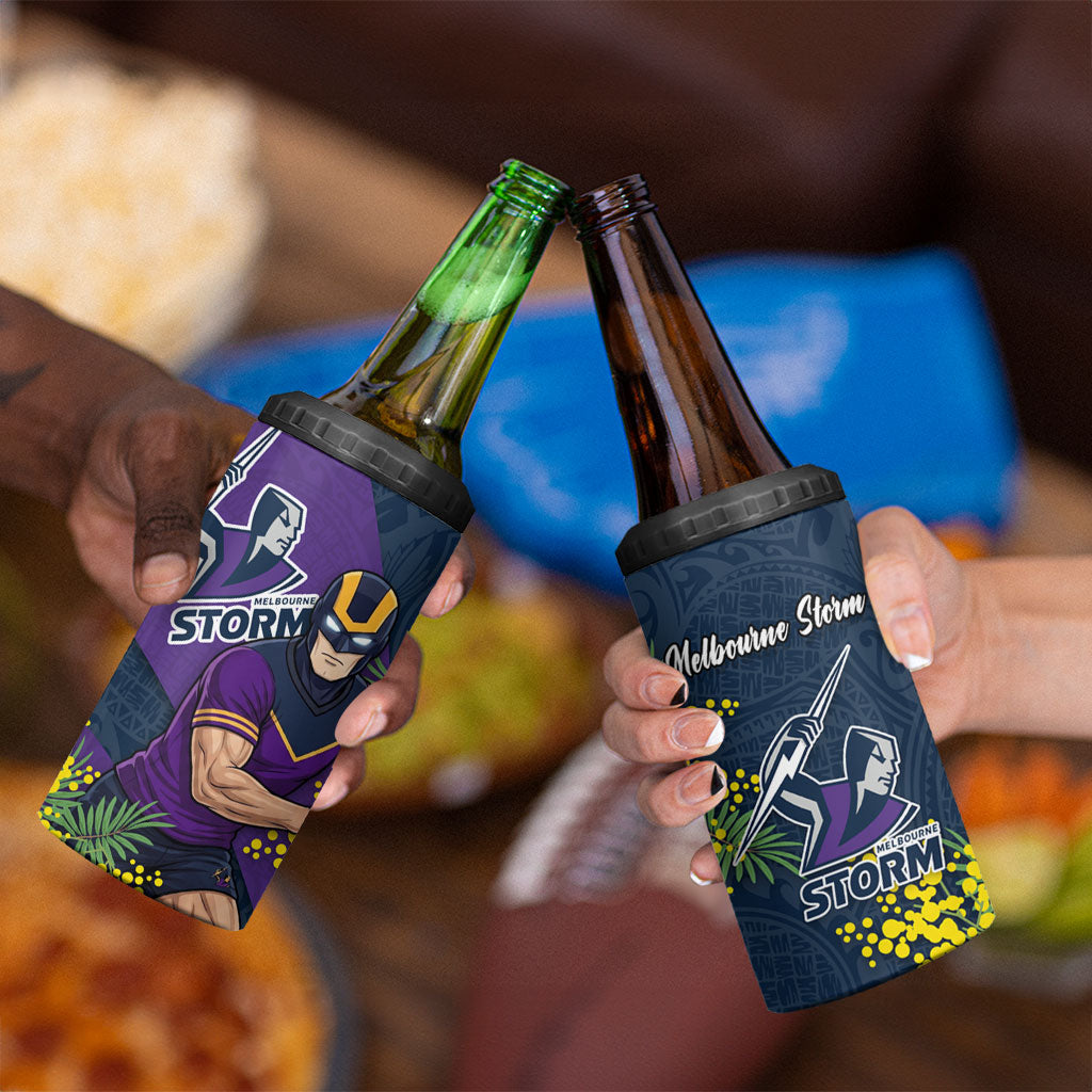 Melbourne Storm 4 in 1 Can Cooler Tumbler Golden Wattle Floral Polynesian - Australian Flower - Rugby Mascot