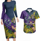Melbourne Storm Couples Matching Long Sleeve Bodycon Dress and Hawaiian Shirt Golden Wattle Floral Polynesian - Australian Flower - Rugby Mascot