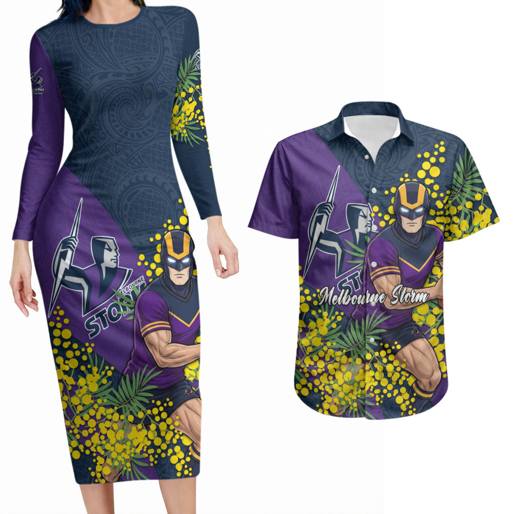 Melbourne Storm Couples Matching Long Sleeve Bodycon Dress and Hawaiian Shirt Golden Wattle Floral Polynesian - Australian Flower - Rugby Mascot