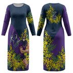 Melbourne Storm Couples Matching Long Sleeve Bodycon Dress and Hawaiian Shirt Golden Wattle Floral Polynesian - Australian Flower - Rugby Mascot