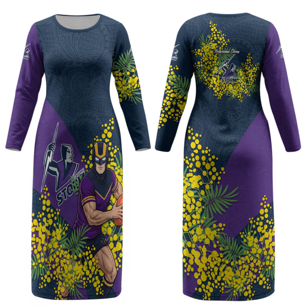 Melbourne Storm Couples Matching Long Sleeve Bodycon Dress and Hawaiian Shirt Golden Wattle Floral Polynesian - Australian Flower - Rugby Mascot
