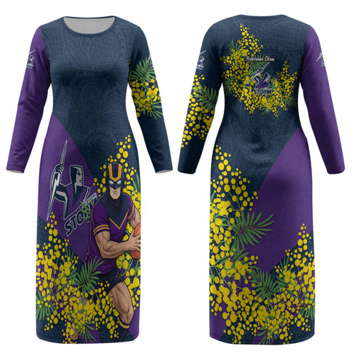 Melbourne Storm Couples Matching Long Sleeve Bodycon Dress and Hawaiian Shirt Golden Wattle Floral Polynesian - Australian Flower - Rugby Mascot
