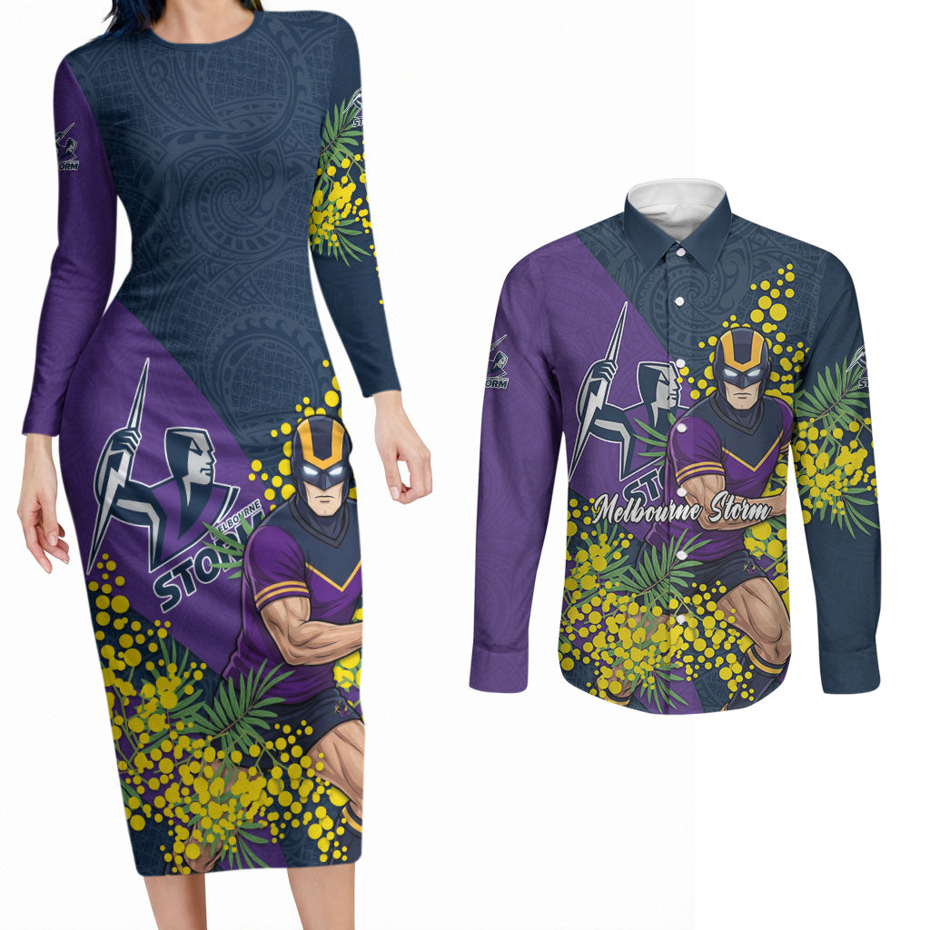 Melbourne Storm Couples Matching Long Sleeve Bodycon Dress and Long Sleeve Button Shirt Golden Wattle Floral Polynesian - Australian Flower - Rugby Mascot