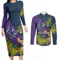 Melbourne Storm Couples Matching Long Sleeve Bodycon Dress and Long Sleeve Button Shirt Golden Wattle Floral Polynesian - Australian Flower - Rugby Mascot