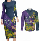 Melbourne Storm Couples Matching Long Sleeve Bodycon Dress and Long Sleeve Button Shirt Golden Wattle Floral Polynesian - Australian Flower - Rugby Mascot