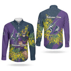 Melbourne Storm Couples Matching Long Sleeve Bodycon Dress and Long Sleeve Button Shirt Golden Wattle Floral Polynesian - Australian Flower - Rugby Mascot