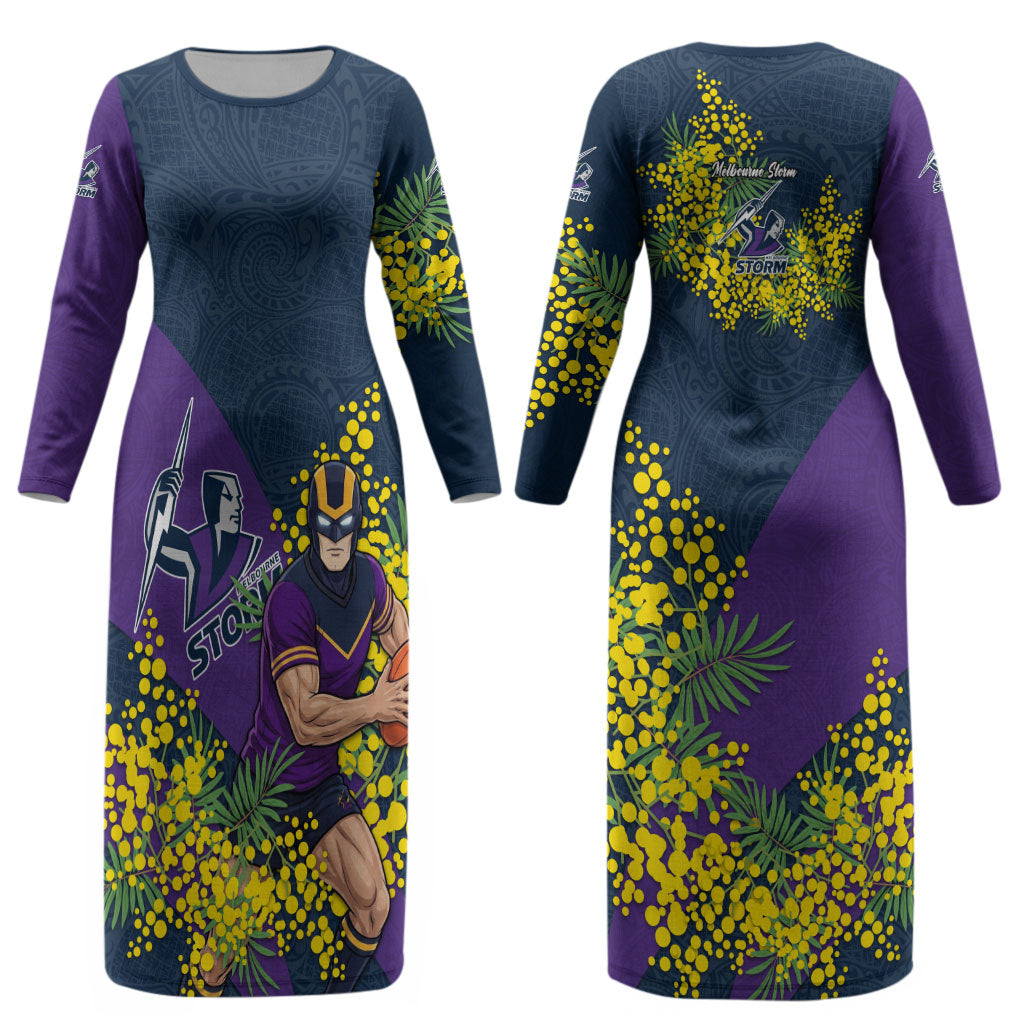 Melbourne Storm Couples Matching Long Sleeve Bodycon Dress and Long Sleeve Button Shirt Golden Wattle Floral Polynesian - Australian Flower - Rugby Mascot