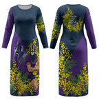 Melbourne Storm Couples Matching Long Sleeve Bodycon Dress and Long Sleeve Button Shirt Golden Wattle Floral Polynesian - Australian Flower - Rugby Mascot