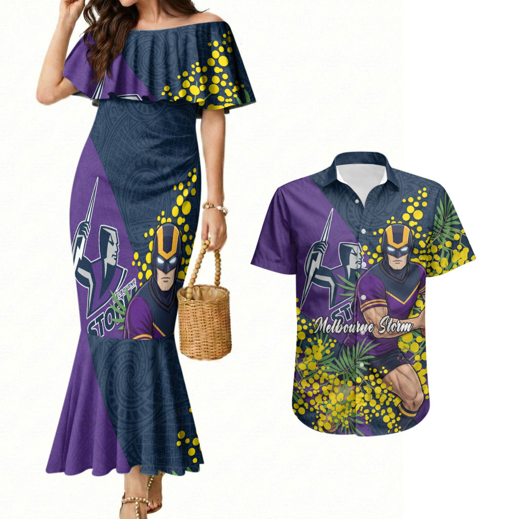 Melbourne Storm Couples Matching Mermaid Dress and Hawaiian Shirt Golden Wattle Floral Polynesian - Australian Flower - Rugby Mascot