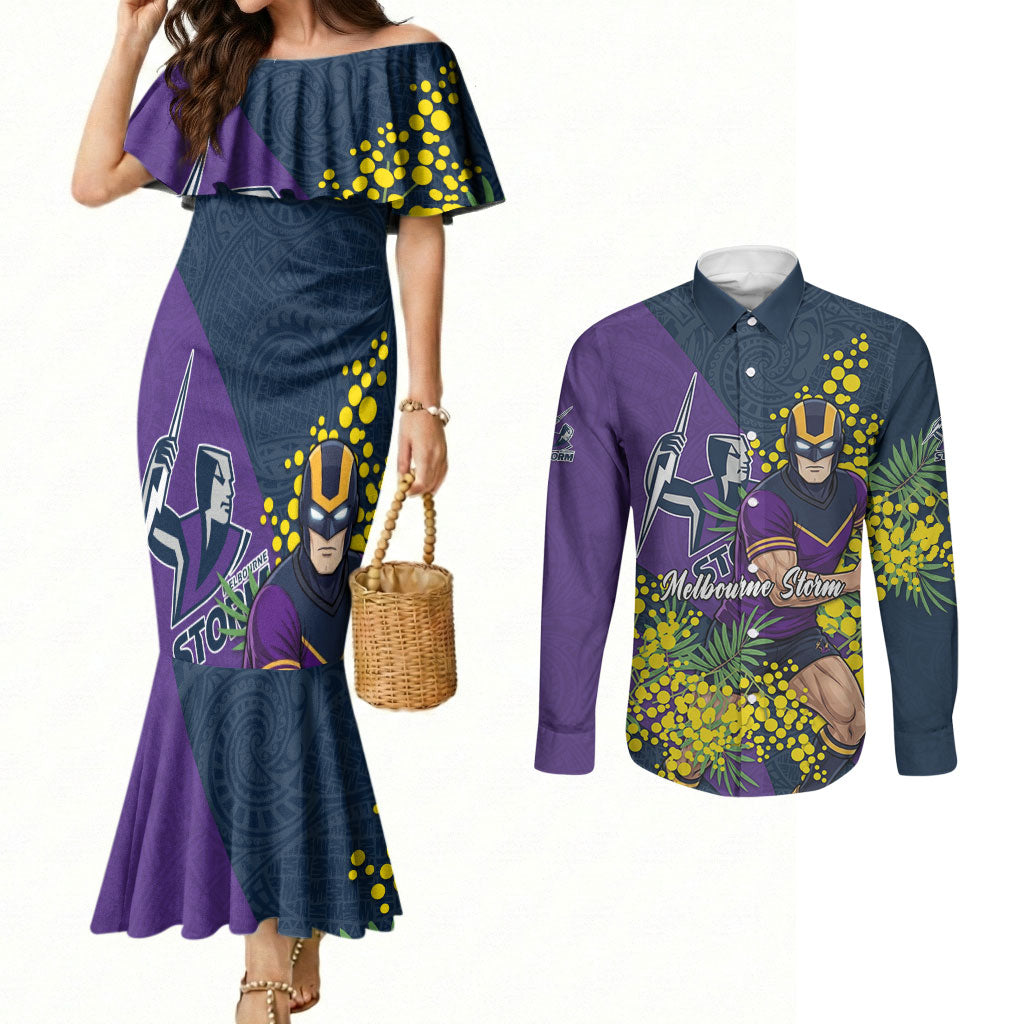 Melbourne Storm Couples Matching Mermaid Dress and Long Sleeve Button Shirt Golden Wattle Floral Polynesian - Australian Flower - Rugby Mascot