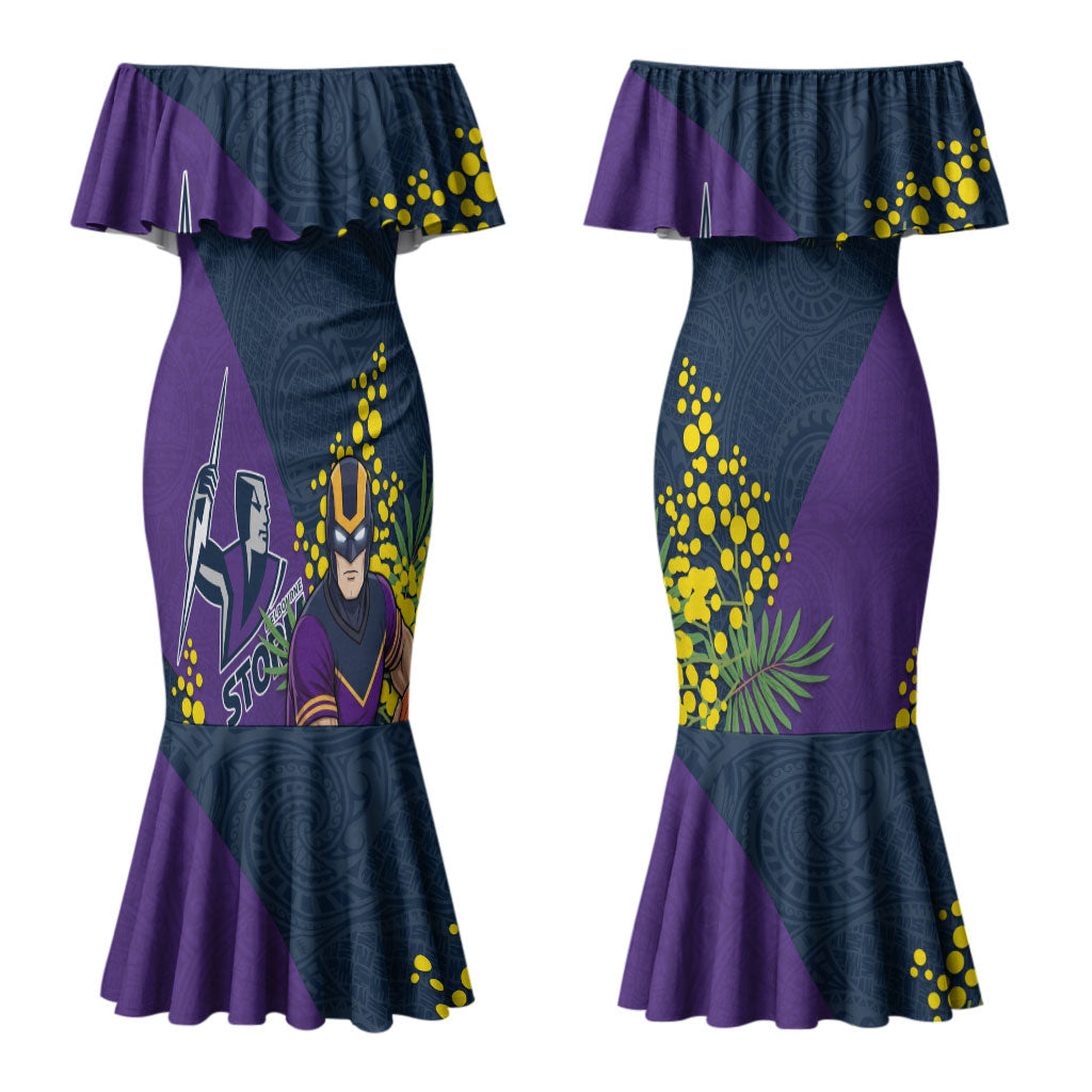Melbourne Storm Couples Matching Mermaid Dress and Long Sleeve Button Shirt Golden Wattle Floral Polynesian - Australian Flower - Rugby Mascot