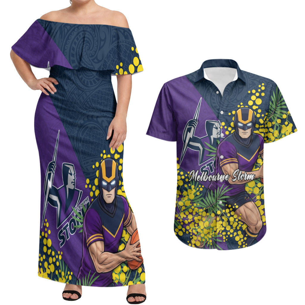 Melbourne Storm Couples Matching Off Shoulder Maxi Dress and Hawaiian Shirt Golden Wattle Floral Polynesian - Australian Flower - Rugby Mascot
