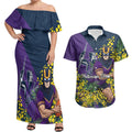 Melbourne Storm Couples Matching Off Shoulder Maxi Dress and Hawaiian Shirt Golden Wattle Floral Polynesian - Australian Flower - Rugby Mascot