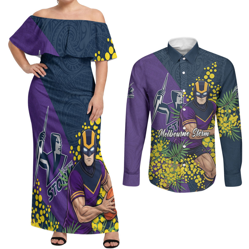 Melbourne Storm Couples Matching Off Shoulder Maxi Dress and Long Sleeve Button Shirt Golden Wattle Floral Polynesian - Australian Flower - Rugby Mascot