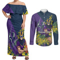 Melbourne Storm Couples Matching Off Shoulder Maxi Dress and Long Sleeve Button Shirt Golden Wattle Floral Polynesian - Australian Flower - Rugby Mascot