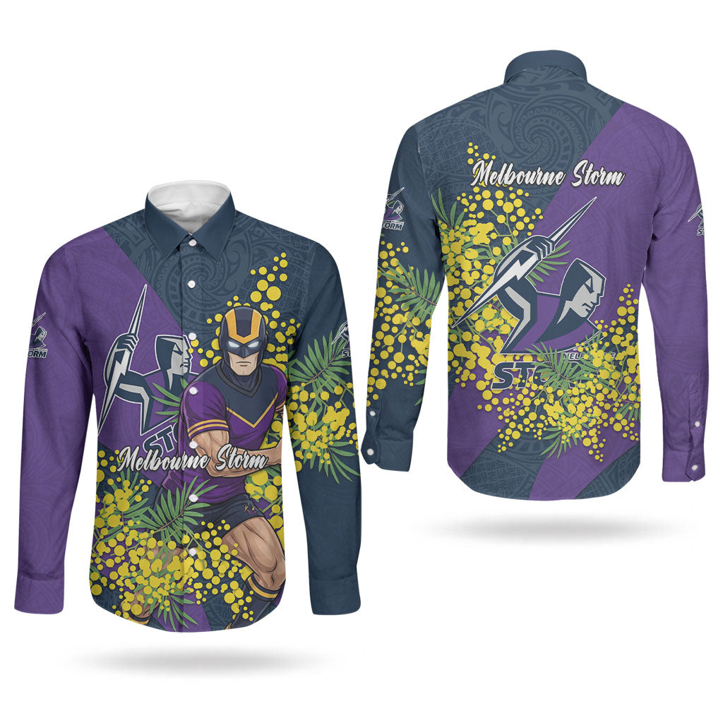 Melbourne Storm Couples Matching Off Shoulder Maxi Dress and Long Sleeve Button Shirt Golden Wattle Floral Polynesian - Australian Flower - Rugby Mascot