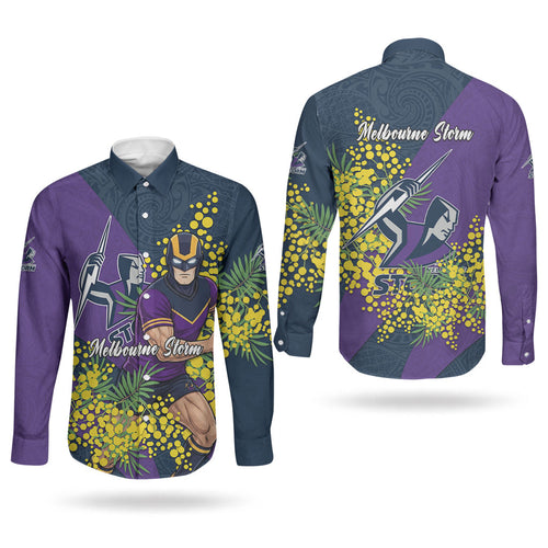 Melbourne Storm Couples Matching Off Shoulder Maxi Dress and Long Sleeve Button Shirt Golden Wattle Floral Polynesian - Australian Flower - Rugby Mascot