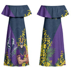 Melbourne Storm Couples Matching Off Shoulder Maxi Dress and Long Sleeve Button Shirt Golden Wattle Floral Polynesian - Australian Flower - Rugby Mascot