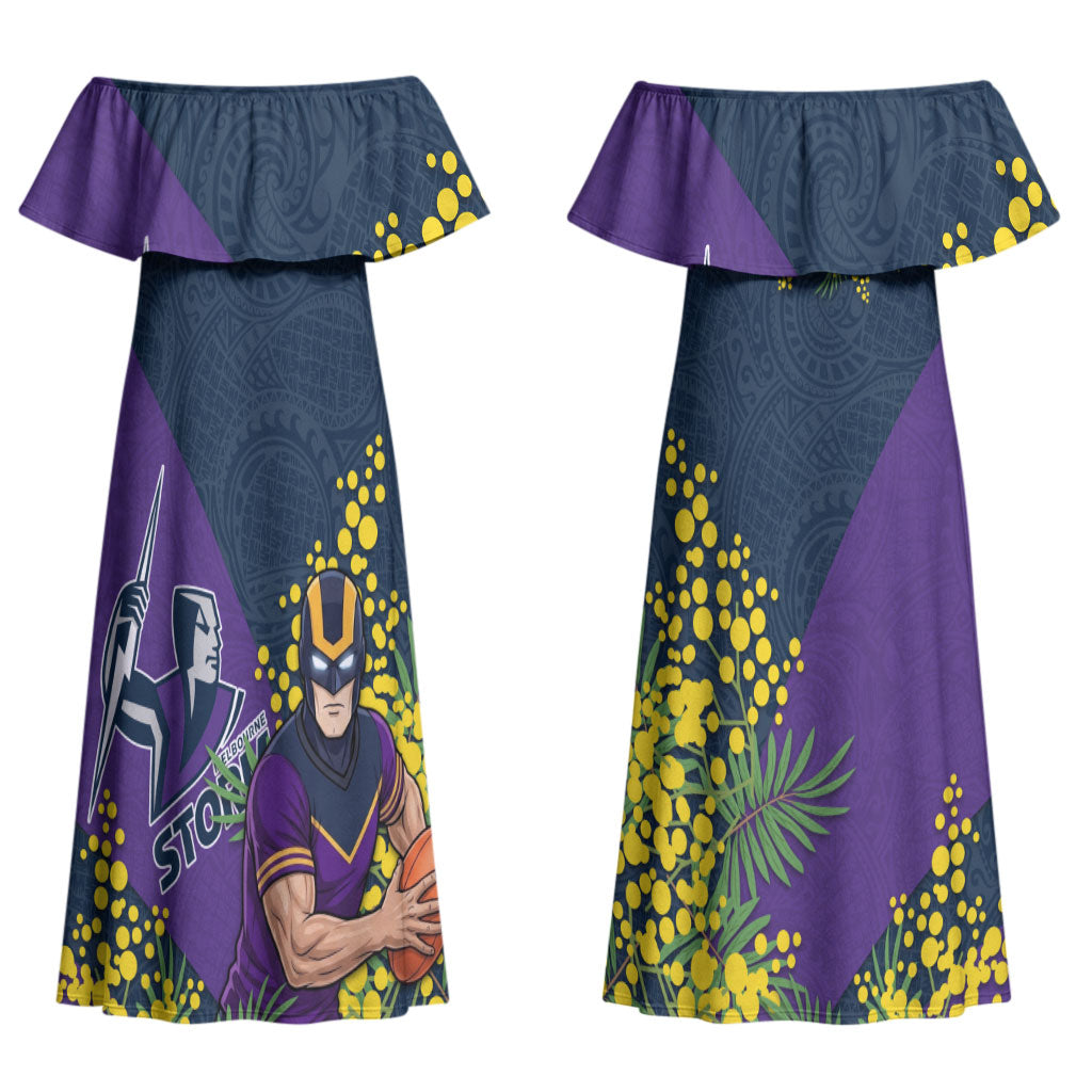 Melbourne Storm Couples Matching Off Shoulder Maxi Dress and Long Sleeve Button Shirt Golden Wattle Floral Polynesian - Australian Flower - Rugby Mascot