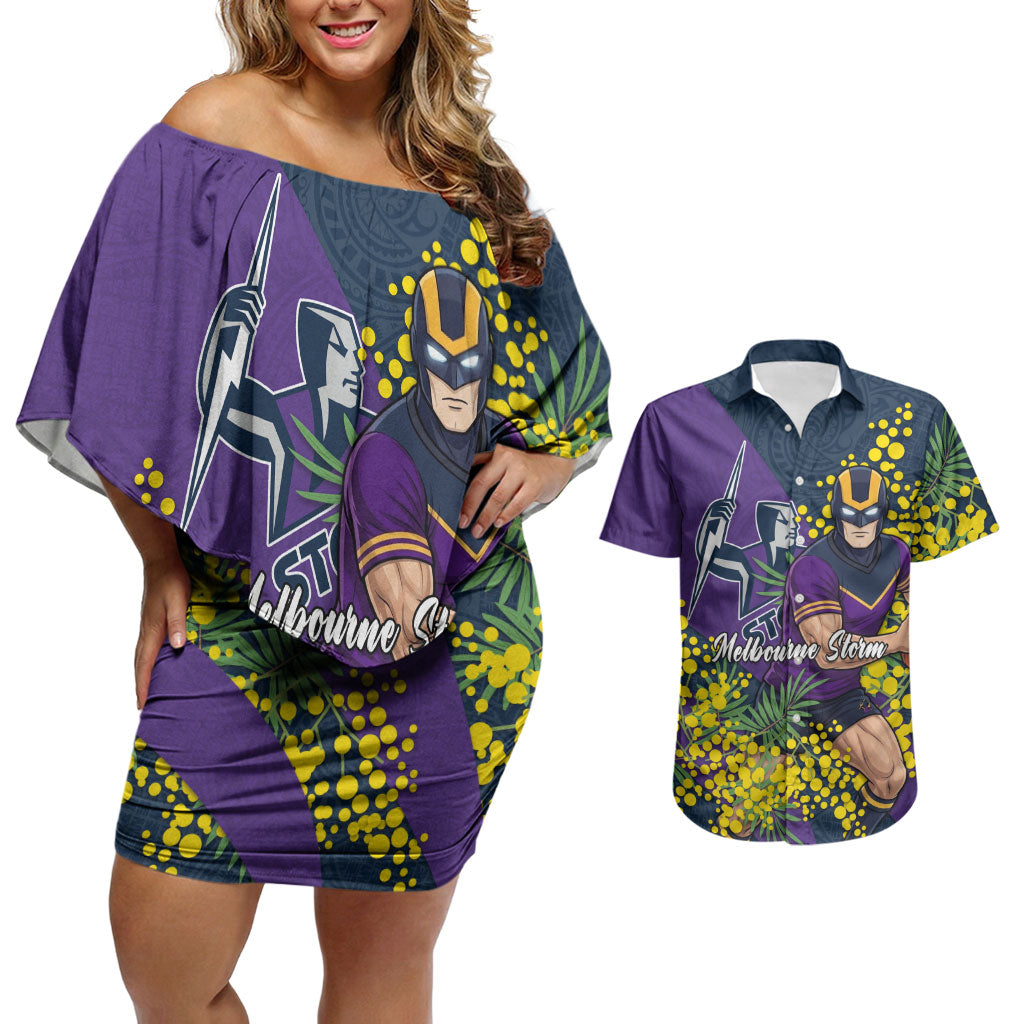Melbourne Storm Couples Matching Off Shoulder Short Dress and Hawaiian Shirt Golden Wattle Floral Polynesian - Australian Flower - Rugby Mascot