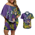 Melbourne Storm Couples Matching Off Shoulder Short Dress and Hawaiian Shirt Golden Wattle Floral Polynesian - Australian Flower - Rugby Mascot
