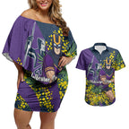 Melbourne Storm Couples Matching Off Shoulder Short Dress and Hawaiian Shirt Golden Wattle Floral Polynesian - Australian Flower - Rugby Mascot