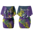 Melbourne Storm Couples Matching Off Shoulder Short Dress and Hawaiian Shirt Golden Wattle Floral Polynesian - Australian Flower - Rugby Mascot