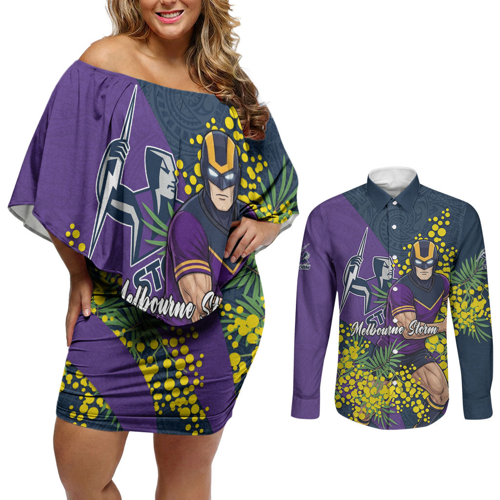 Melbourne Storm Couples Matching Off Shoulder Short Dress and Long Sleeve Button Shirt Golden Wattle Floral Polynesian - Australian Flower - Rugby Mascot