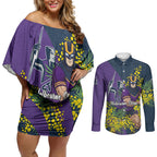 Melbourne Storm Couples Matching Off Shoulder Short Dress and Long Sleeve Button Shirt Golden Wattle Floral Polynesian - Australian Flower - Rugby Mascot