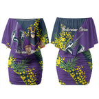 Melbourne Storm Couples Matching Off Shoulder Short Dress and Long Sleeve Button Shirt Golden Wattle Floral Polynesian - Australian Flower - Rugby Mascot