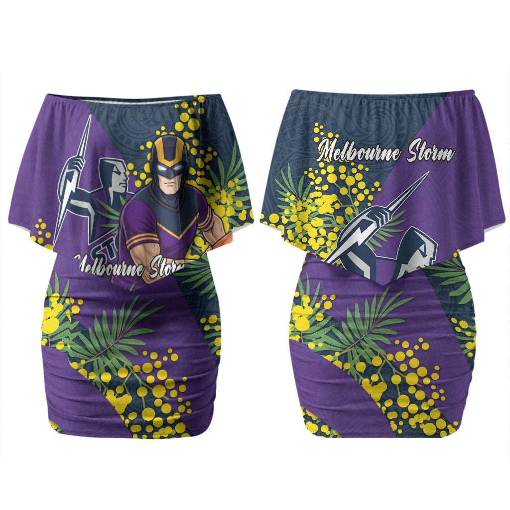 Melbourne Storm Couples Matching Off Shoulder Short Dress and Long Sleeve Button Shirt Golden Wattle Floral Polynesian - Australian Flower - Rugby Mascot