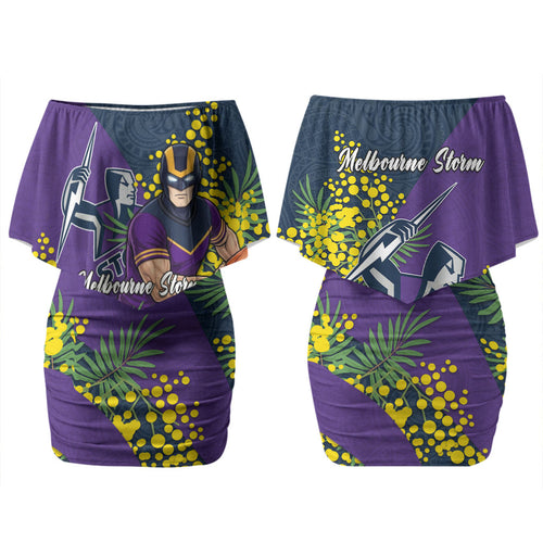 Melbourne Storm Couples Matching Off Shoulder Short Dress and Long Sleeve Button Shirt Golden Wattle Floral Polynesian - Australian Flower - Rugby Mascot