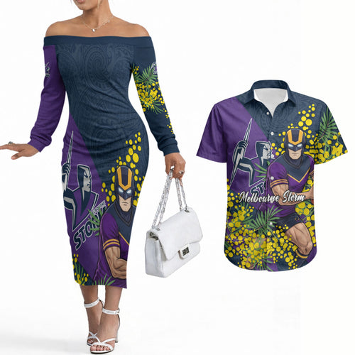 Melbourne Storm Couples Matching Off The Shoulder Long Sleeve Dress and Hawaiian Shirt Golden Wattle Floral Polynesian - Australian Flower - Rugby Mascot