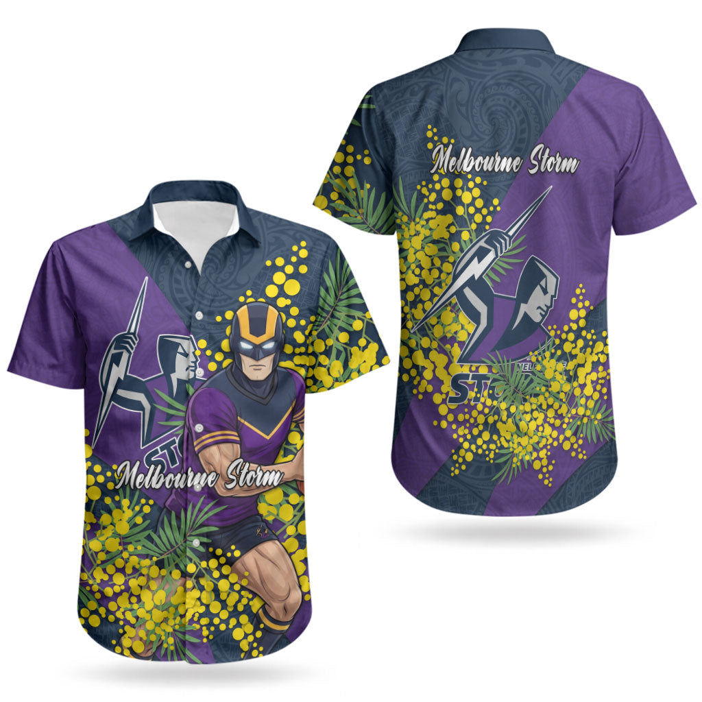 Melbourne Storm Couples Matching Off The Shoulder Long Sleeve Dress and Hawaiian Shirt Golden Wattle Floral Polynesian - Australian Flower - Rugby Mascot