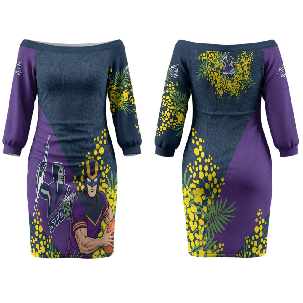 Melbourne Storm Couples Matching Off The Shoulder Long Sleeve Dress and Hawaiian Shirt Golden Wattle Floral Polynesian - Australian Flower - Rugby Mascot
