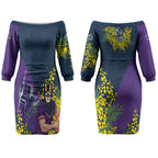 Melbourne Storm Couples Matching Off The Shoulder Long Sleeve Dress and Hawaiian Shirt Golden Wattle Floral Polynesian - Australian Flower - Rugby Mascot